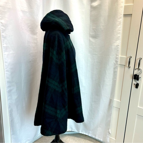 Zara navy blue green plaid check Tartan Cape poncho jacket fur hood M wool blend - Picture 4 of 16
